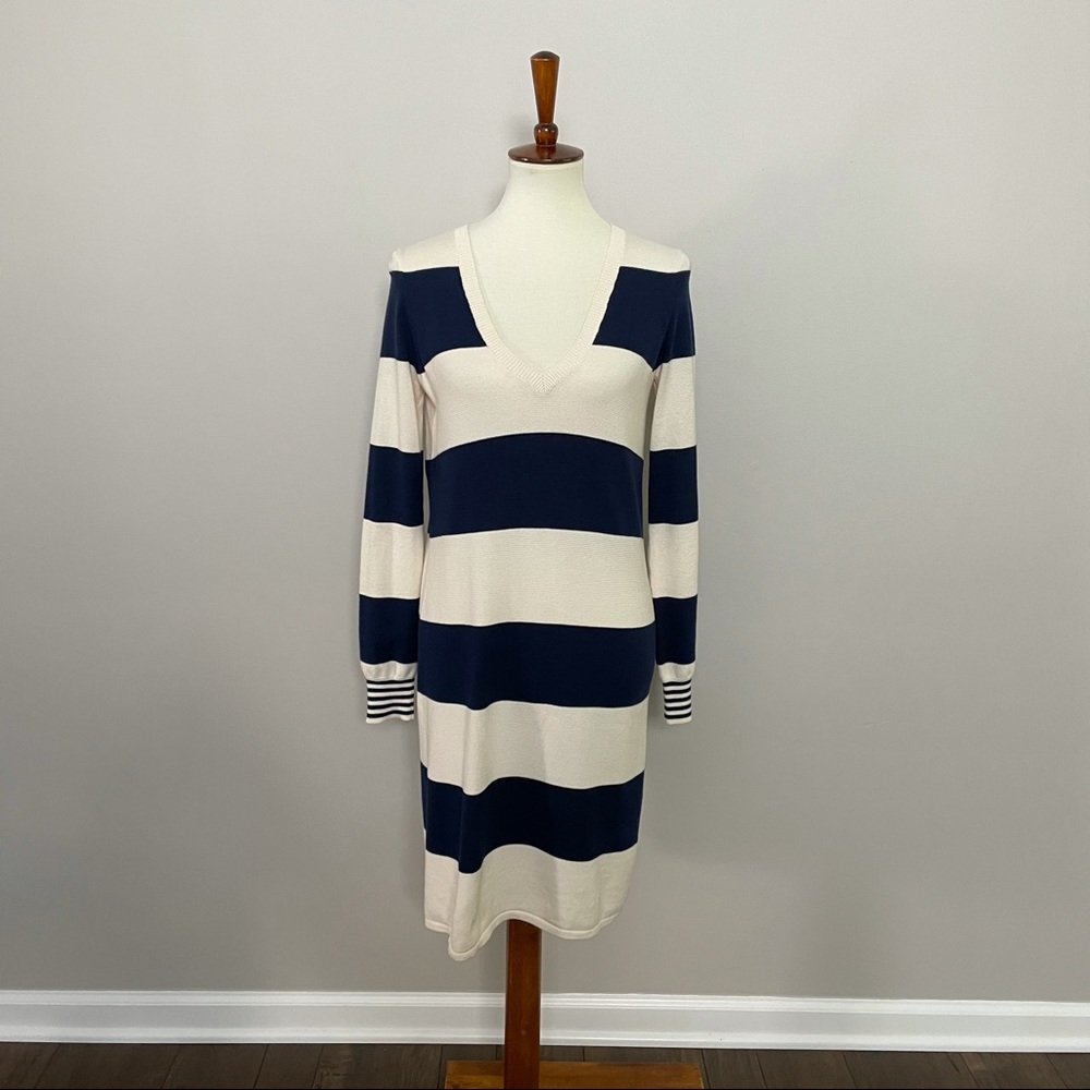 Wallace Madewell Dress Sweater Striped Button Back Plunge V Neck Navy Blue Cream